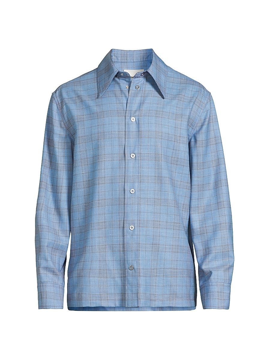Men's Plaid Wool-Linen Snap-Front Shirt - Summer Kite - Size 38