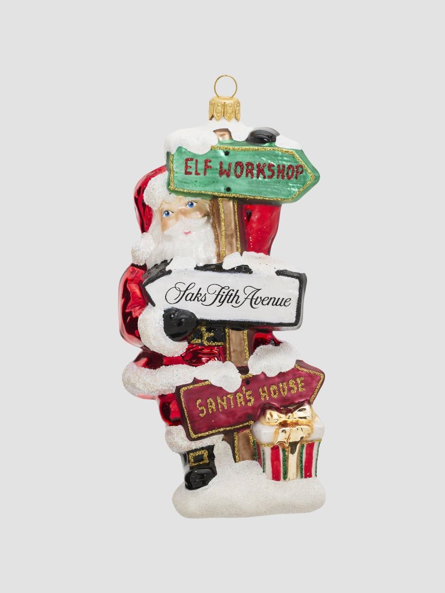 Saks Fifth Avenue Santa With Road Signs Glass Ornament