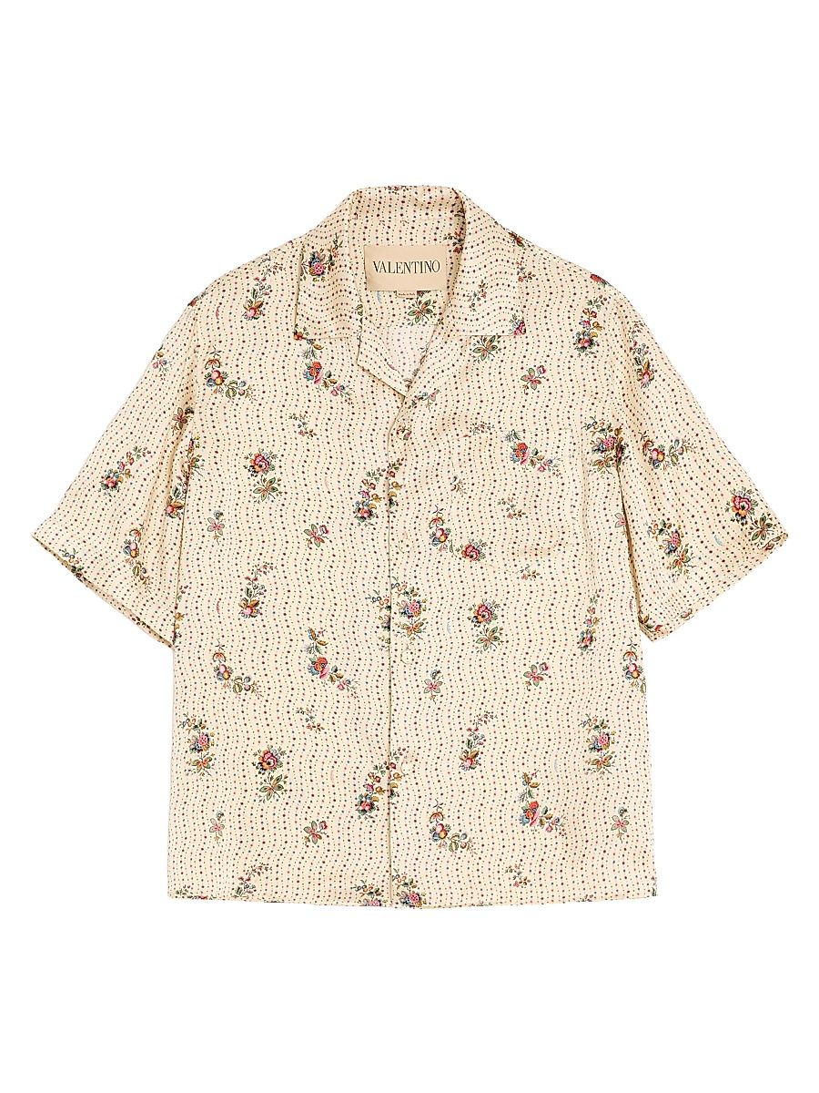 Men's Silk Bowling Shirt with Papier Floral Print - Butter - Size 34