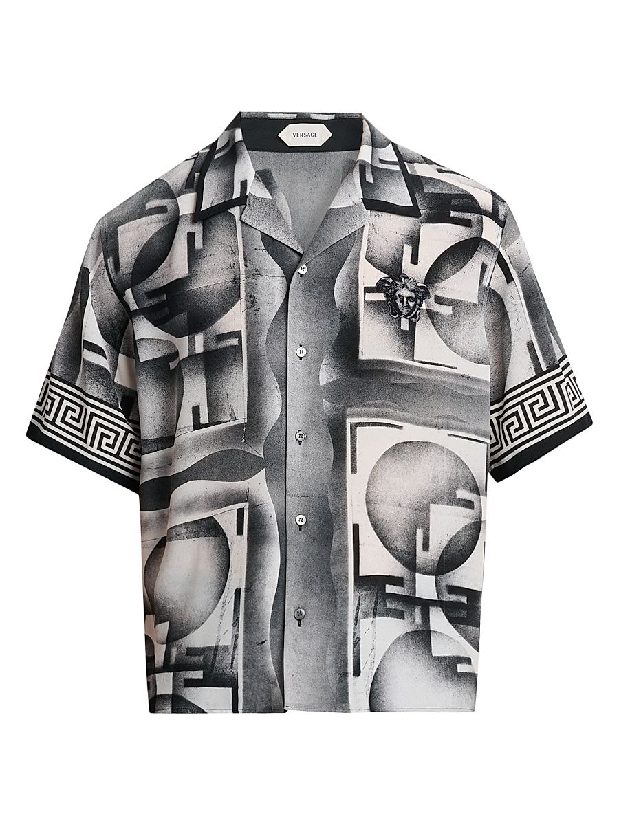 Men's Deco Greca Silk Camp Shirt - Black White - Size 42