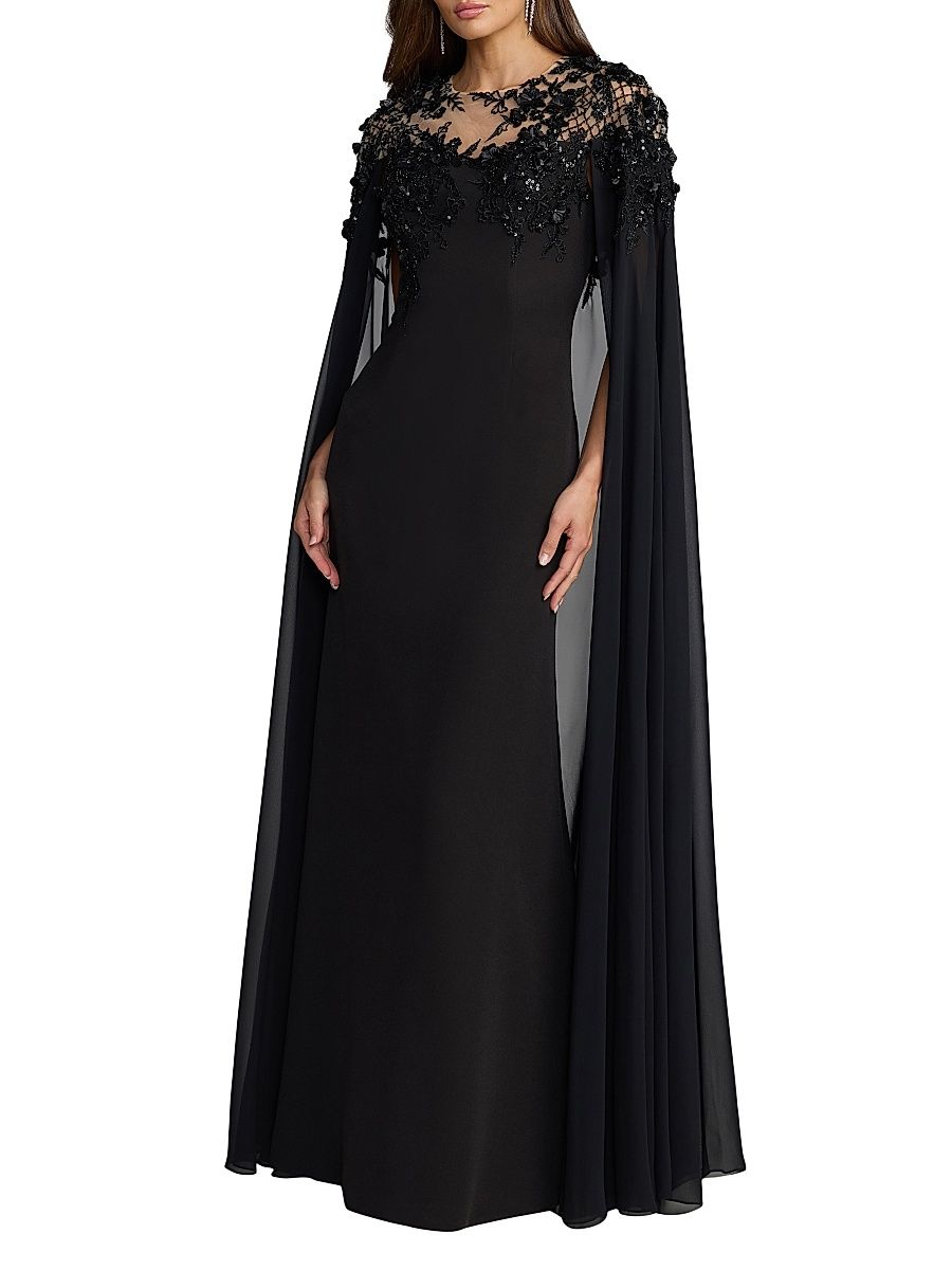 Women's Chiffon Floral Embellished Cape Gown - Black - Size 20
