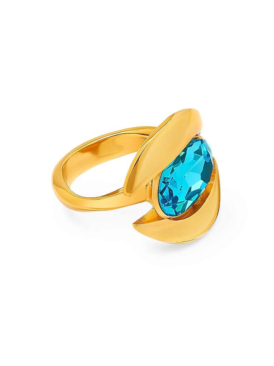 Women's 24K-Gold-Plated Brass & Glass Crystal Oval Ring - Light Sapphire - Size 7