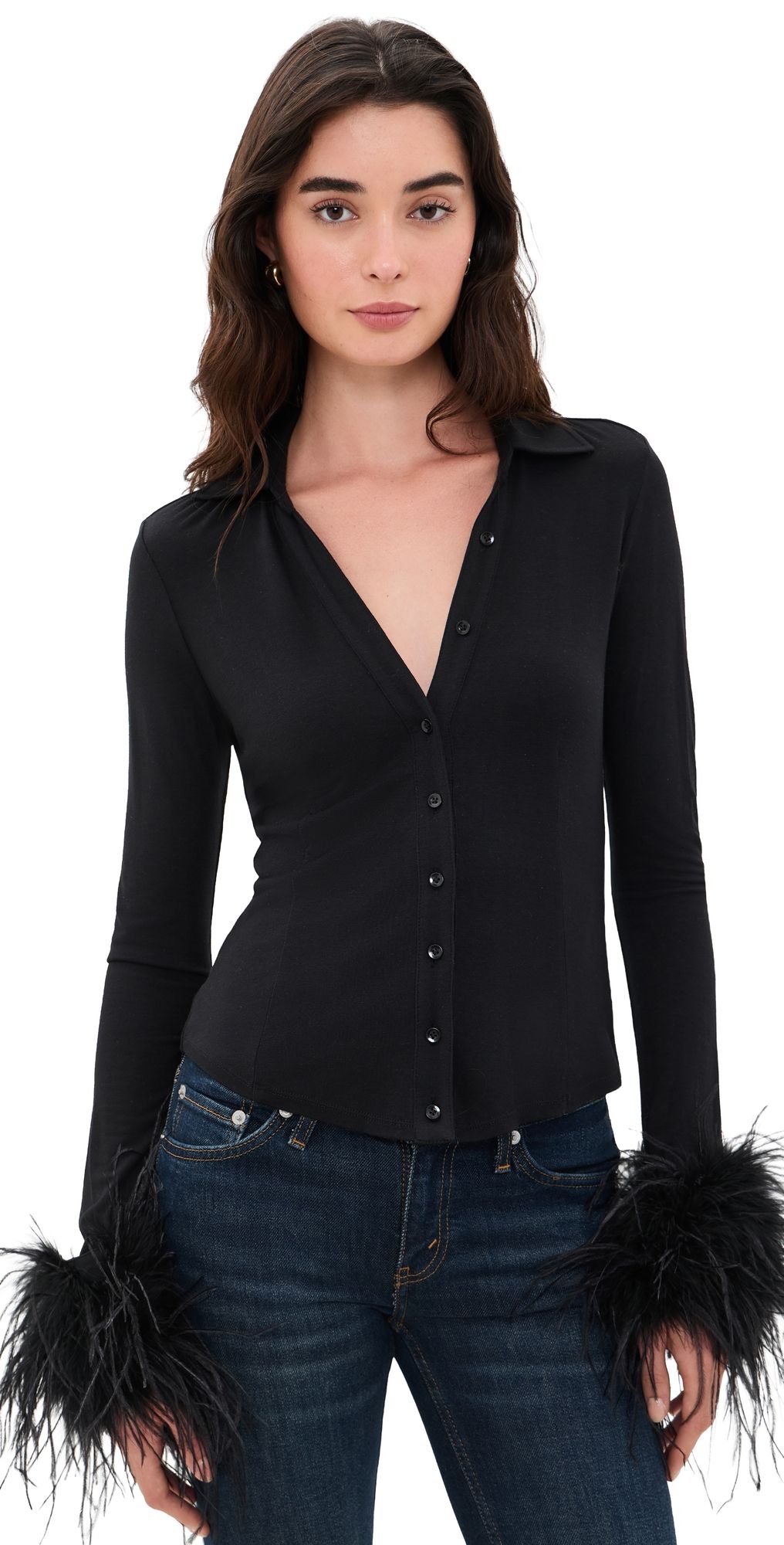 ALICE + OLIVIA Freya Button Down Top with Removable Feather Cuffs Black XS