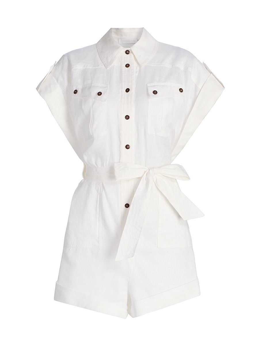 Women's Coco Cuffed Linen Romper - Ivory - Size 8