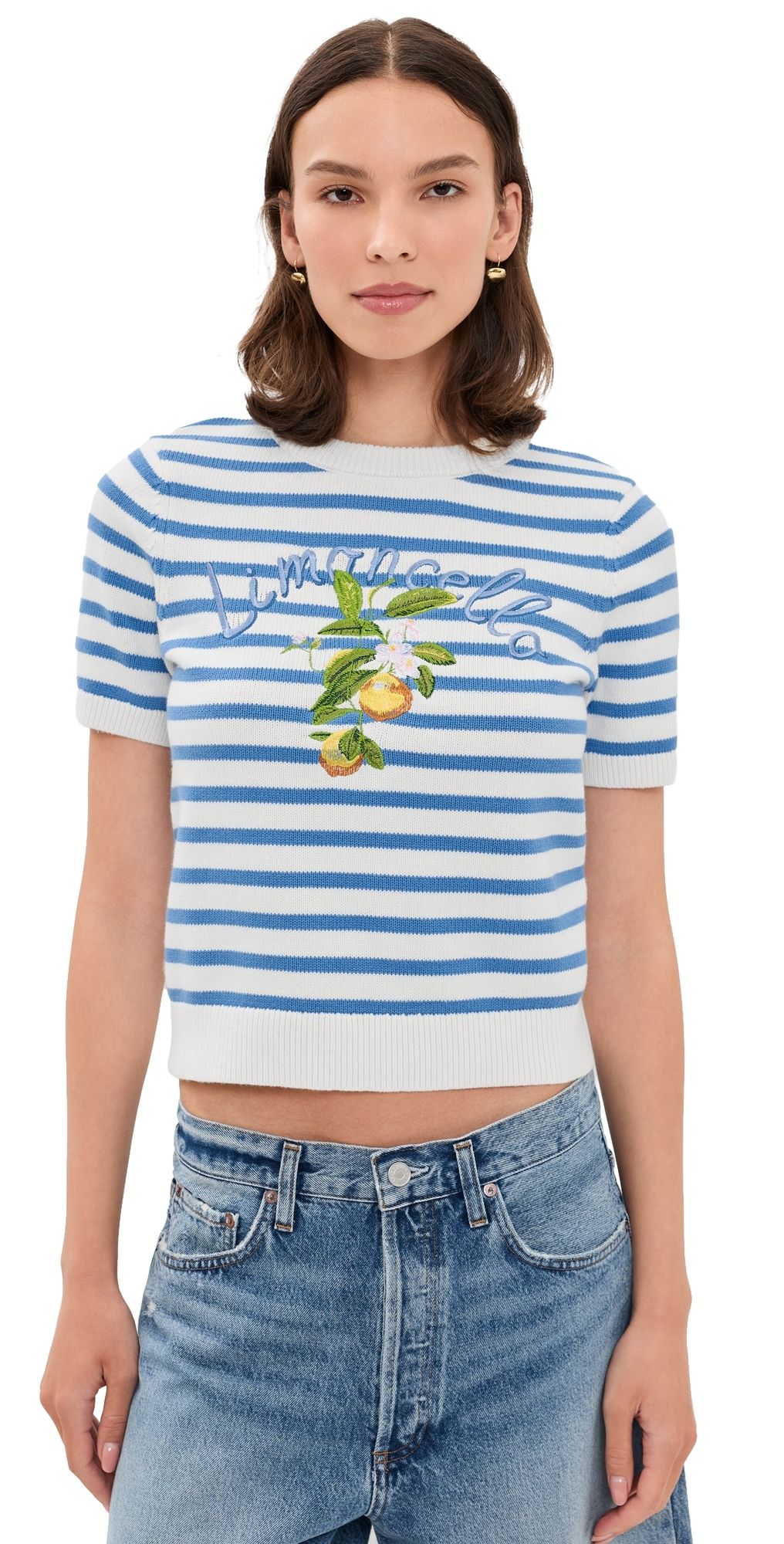 English Factory Striped Lemon Short Sleeve Sweater White/Blue XS