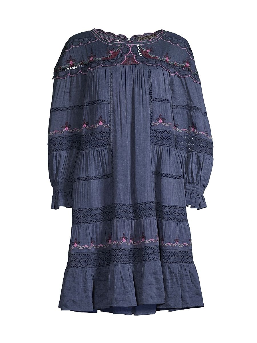 Women's Reina Embroidered Long-Sleeve Minidress - Sapphire Blue - Size Large