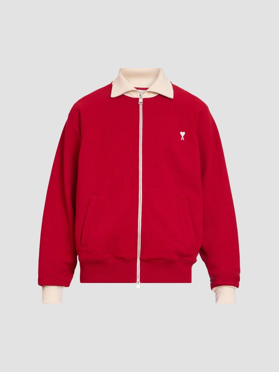 AMI Paris Men's Quota Two-Tone Cotton-Blend Jacket - Rouge Rubis Ivoire - Size XL