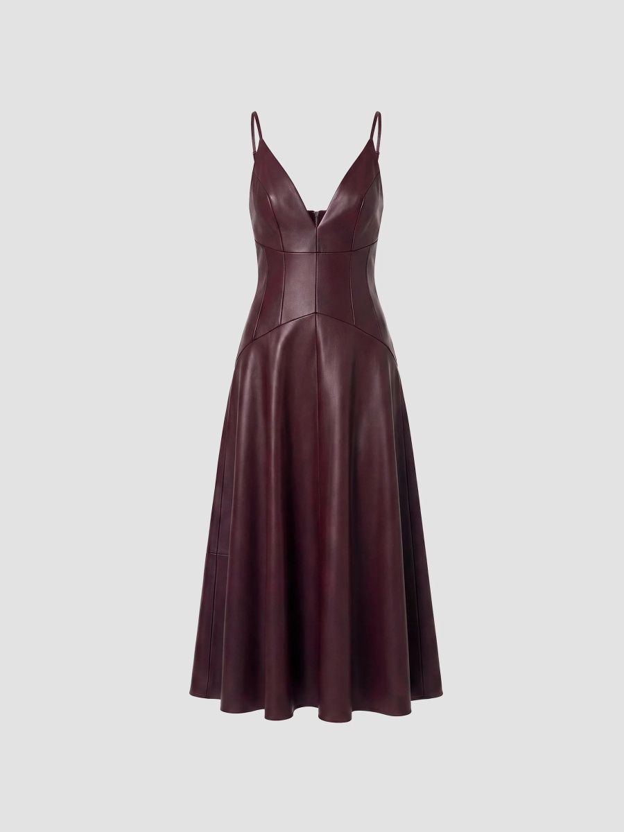Nicholas the Label Women's Nora Faux-Leather Plunge Neck Midi Dress - Oxblood - Size 12