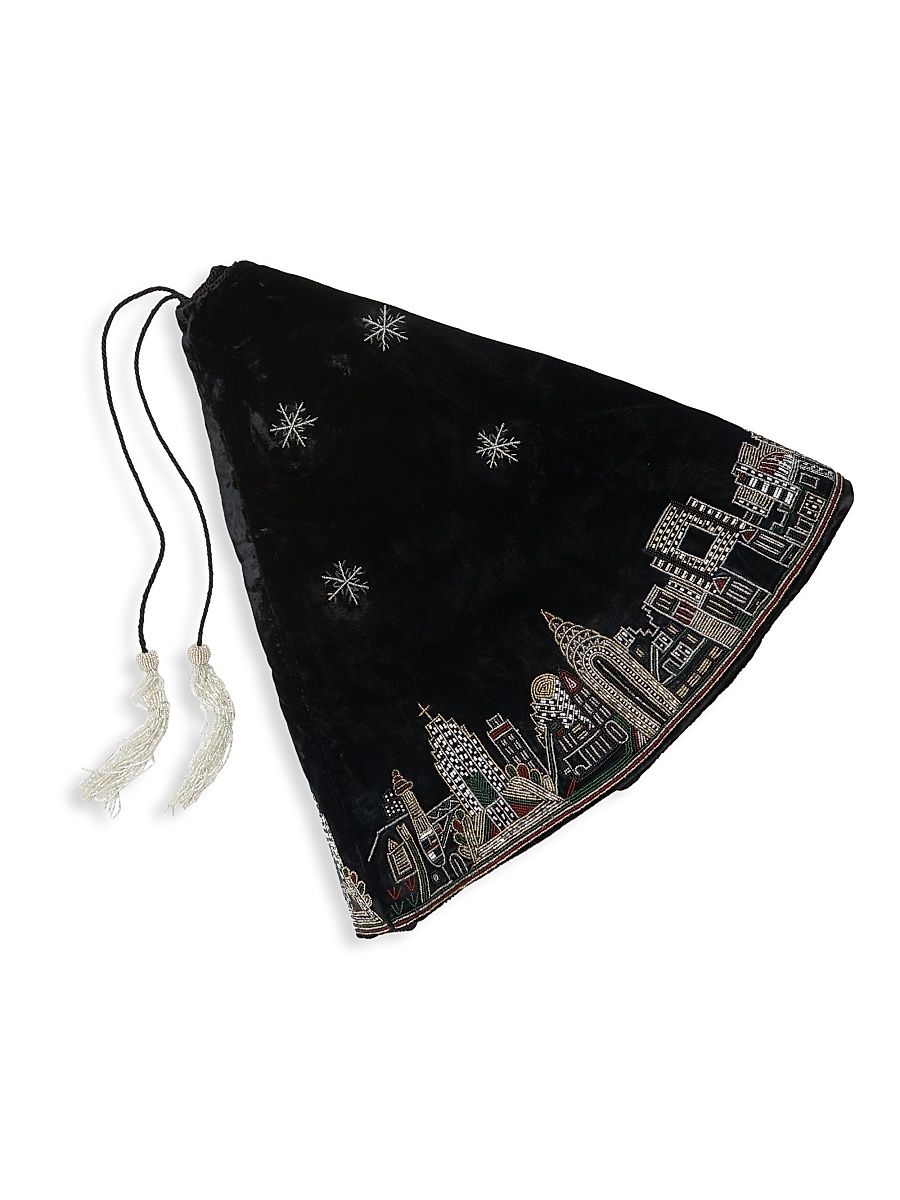NYC Skyline Beaded Christmas Tree Skirt - Black