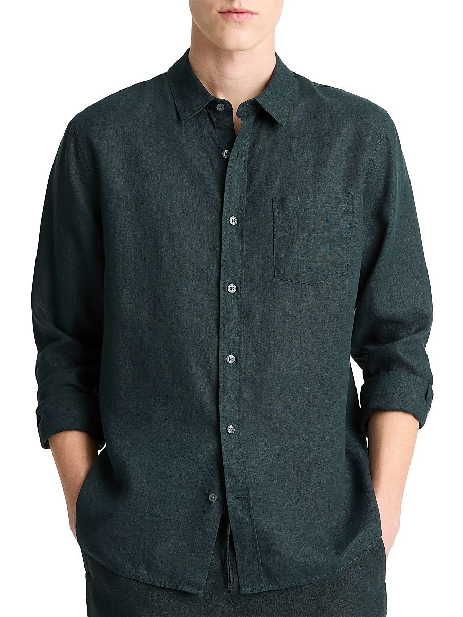 Vince Men's Linen Long-Sleeve Button-Up Shirt - Seaweed - Size Small