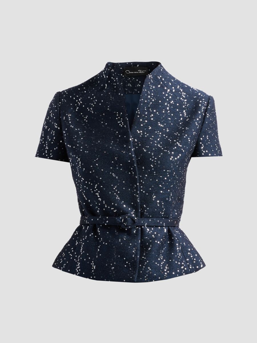 Oscar de la Renta Women's Sequin Tweed Short-Sleeve Jacket - Navy - Size 16