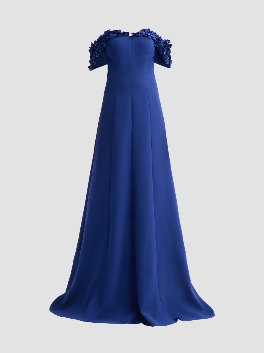 Teri Jon by Rickie Freeman Women's Crepe Off-The-Shoulder Gown - Sapphire - Size 0