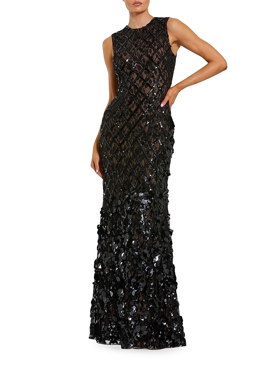 Women's Mesh Beaded Sequin Mermaid Gown - Black Beige - Size 6