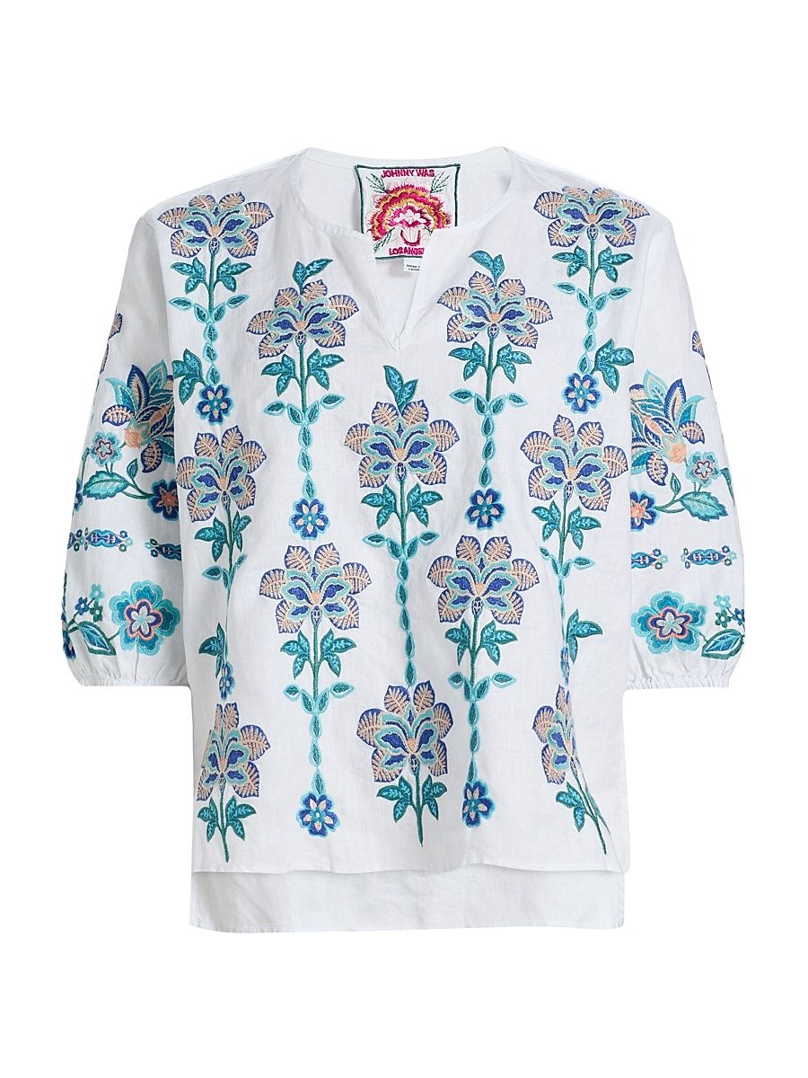 Women's Boheme Embroidered Linen Blouse - White - Size XL