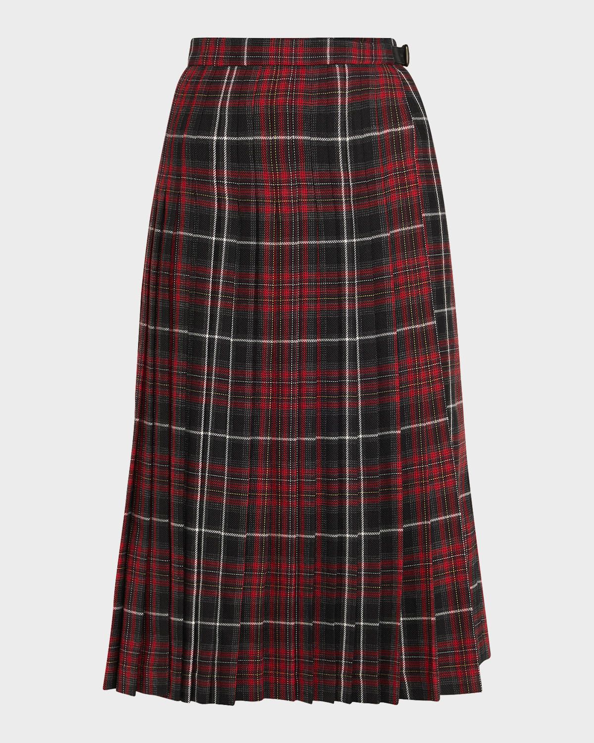 Check Pleated Wrap Midi Skirt