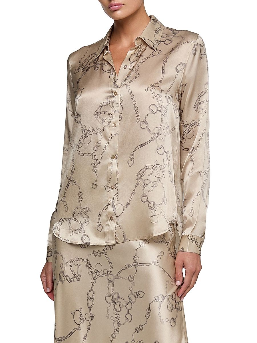 Women's Tyler Heart Chain Print Silk Blouse - Soft Macadamia Heart Chain - Size XL