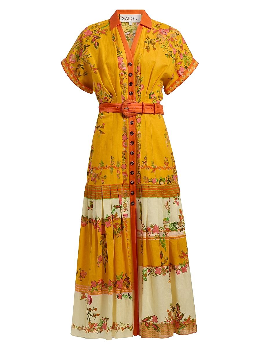 Women's Riya Floral Linen-Cotton Midi-Dress - Zinnia Sunset Placement - Size 14
