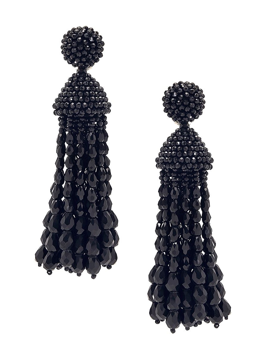 Women's 24K-Gold-Plated & Glass Beaded Tassel Clip-On Drop Earrings - Black