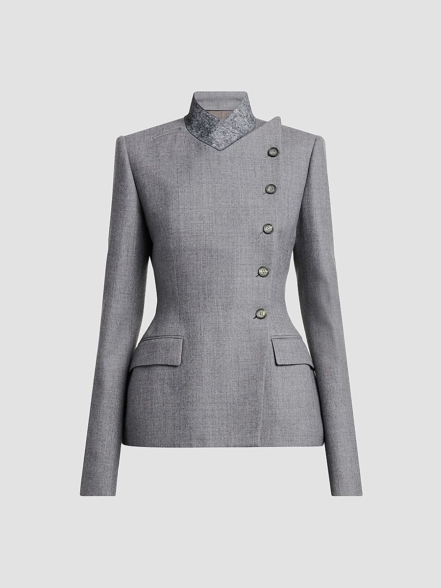 Women's Cross Lapel Structured Wool Jacket - Grey Melange - Size 4