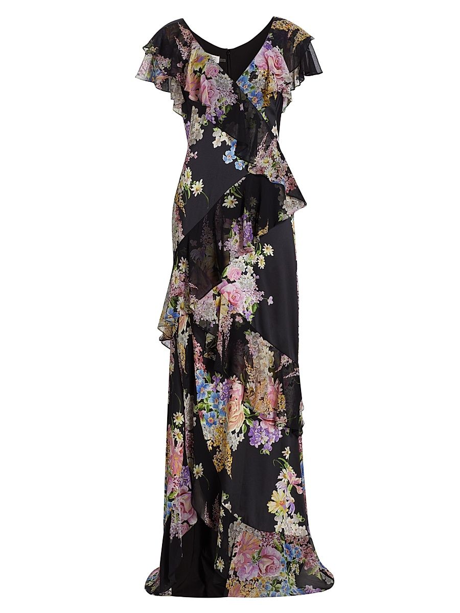 Women's Floral Chiffon Diagonal Ruffle Gown - Black Multi - Size 16