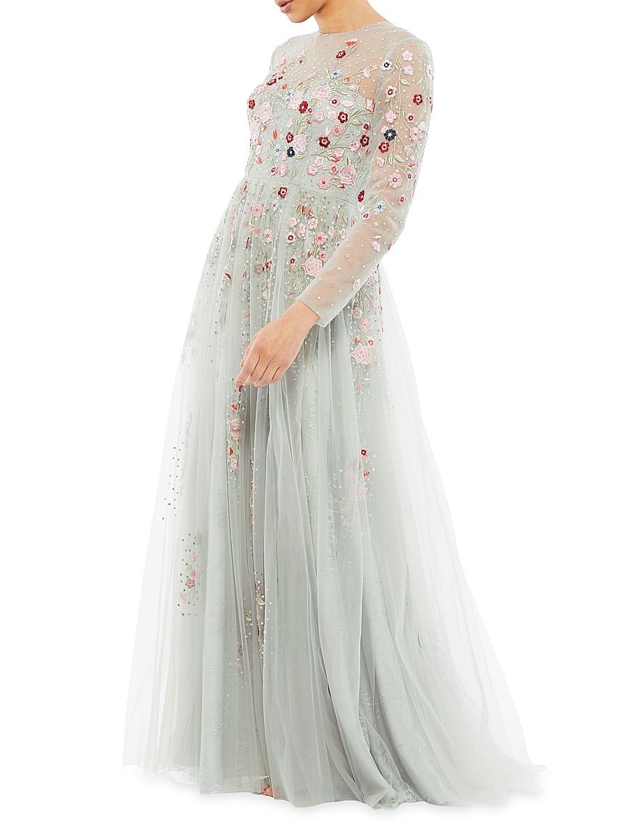 Women's Long-Sleeve Floral Applique Tulle Gown - Platinum Multi - Size 4