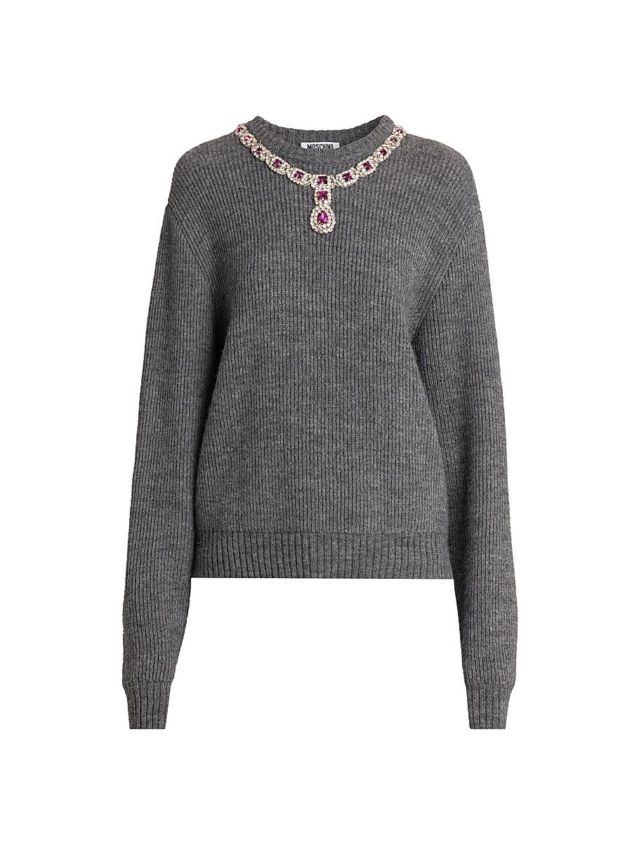 Women's Necklace Rib-Knit Sweater - Grey - Size 14