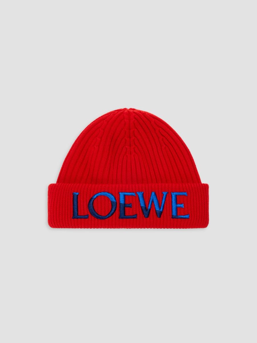 LOEWE Men's Embroidered Logo Wool Beanie - Red Blue