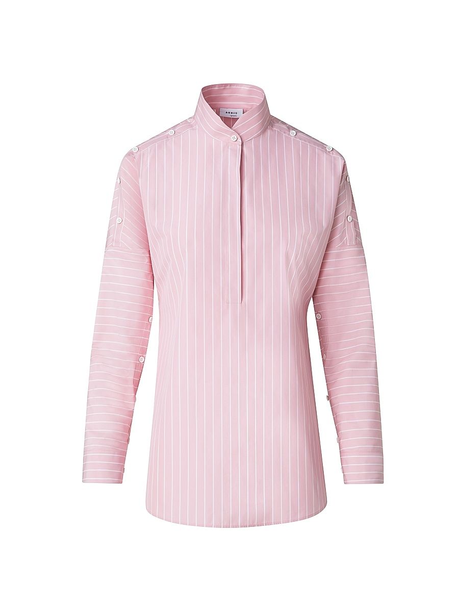 Women's Striped Cotton Button-Detail Blouse - Pink White - Size 12