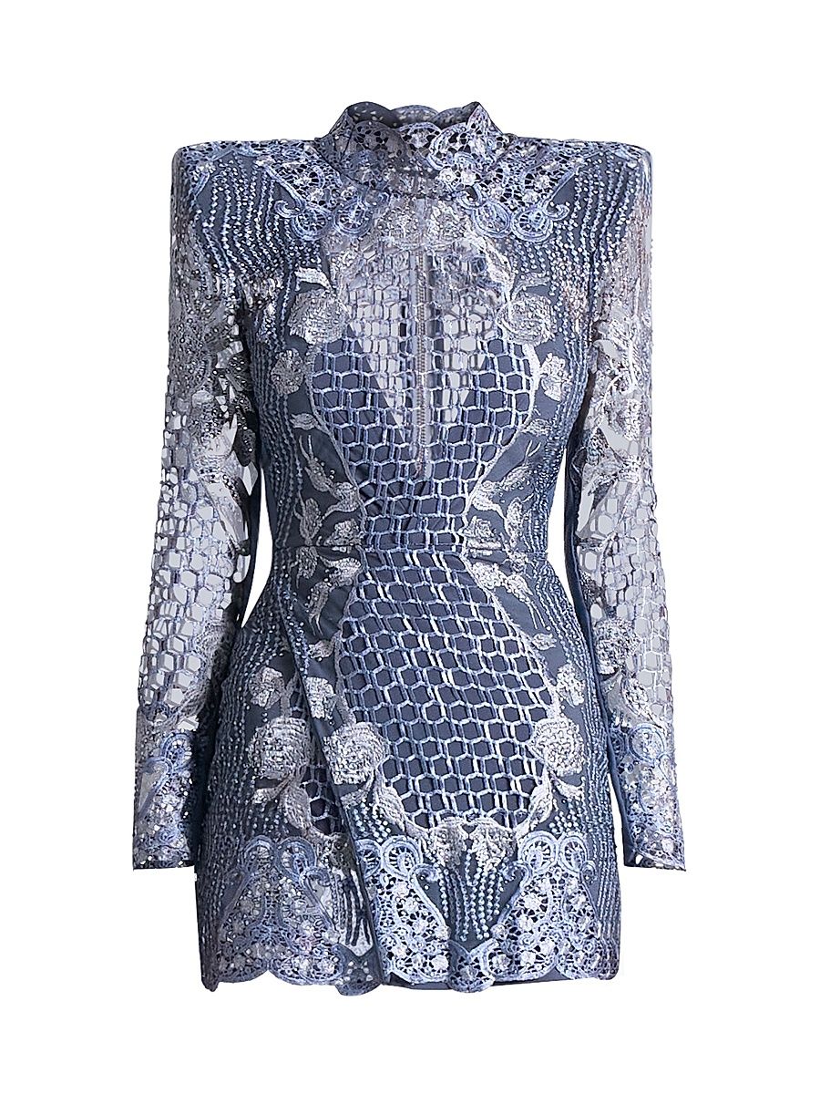 Women's Echo Crystal-Embellished Lace Minidress - Grey - Size 14