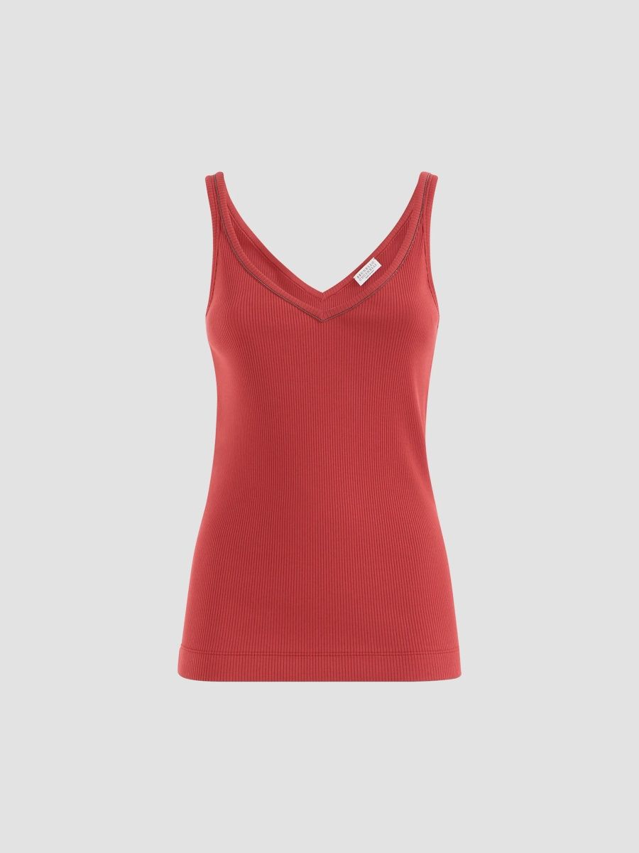 Brunello Cucinelli Women's Stretch Cotton Ribbed Jersey Top with Monili - Red - Size XXXXL