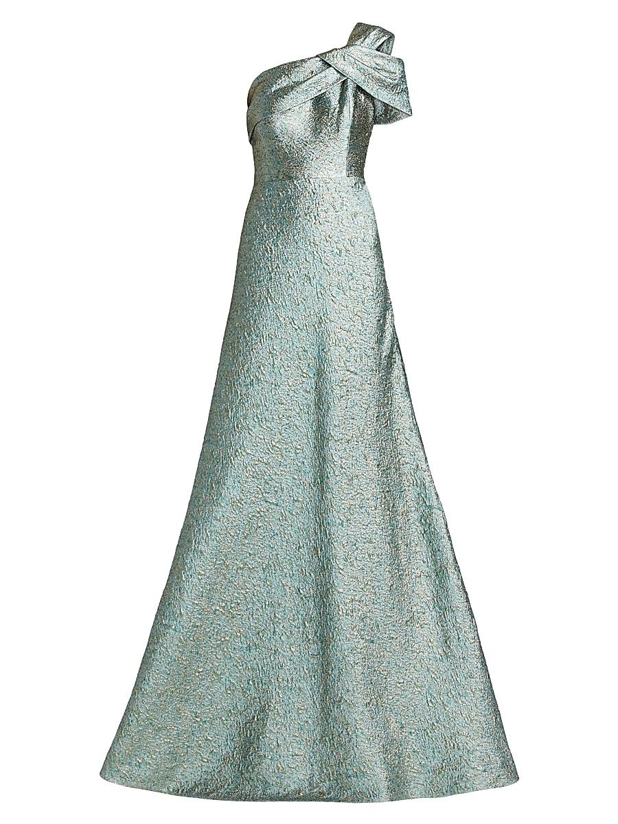 Women's Metallic Jacquard One-Shoulder Gown - Mint Gold - Size 18