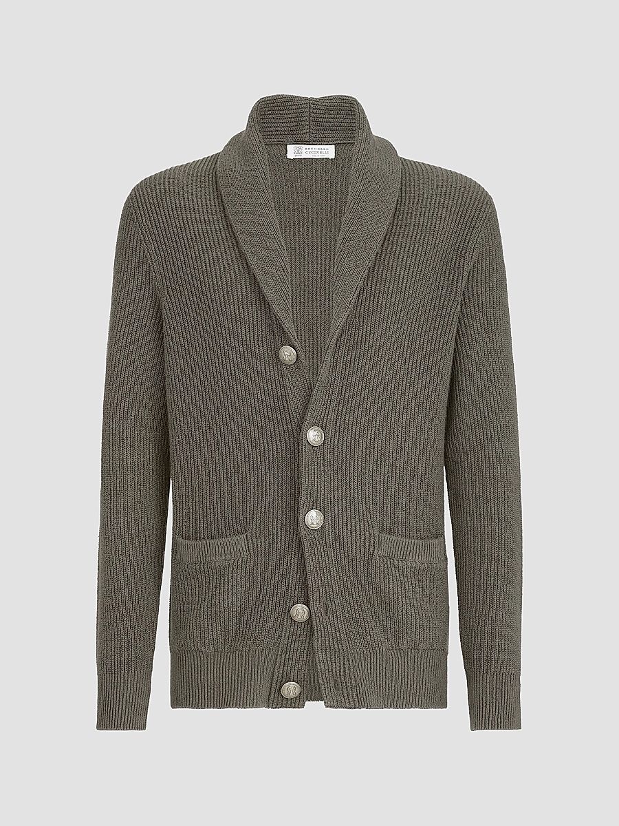 Men's Malfilé Cotton English Rib Cardigan - Military - Size 46