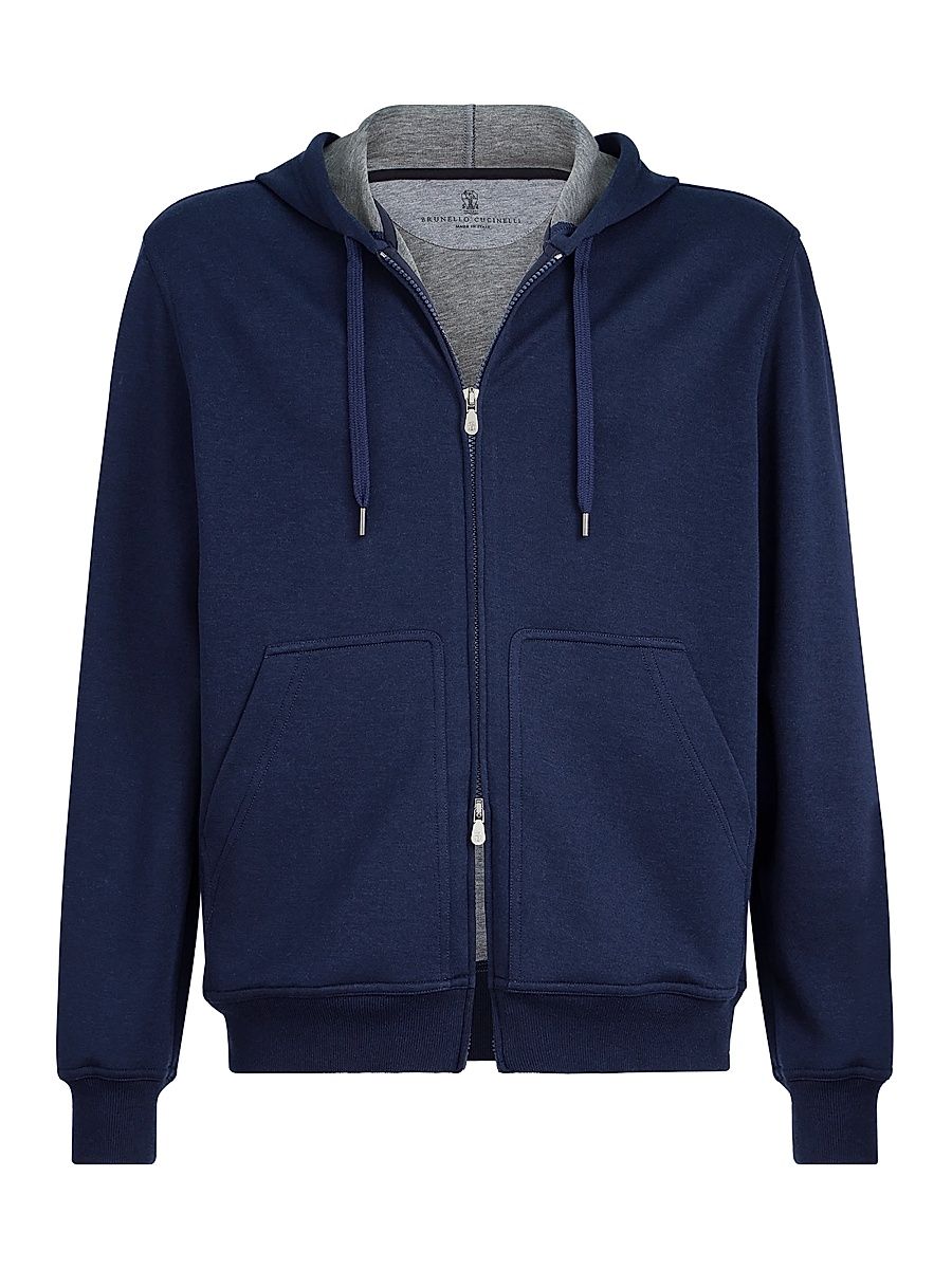 Men's Cotton, Cashmere and Silk French Terry Double Cloth Hooded Sweatshirt with Zipper - Cobalt - Size XXS