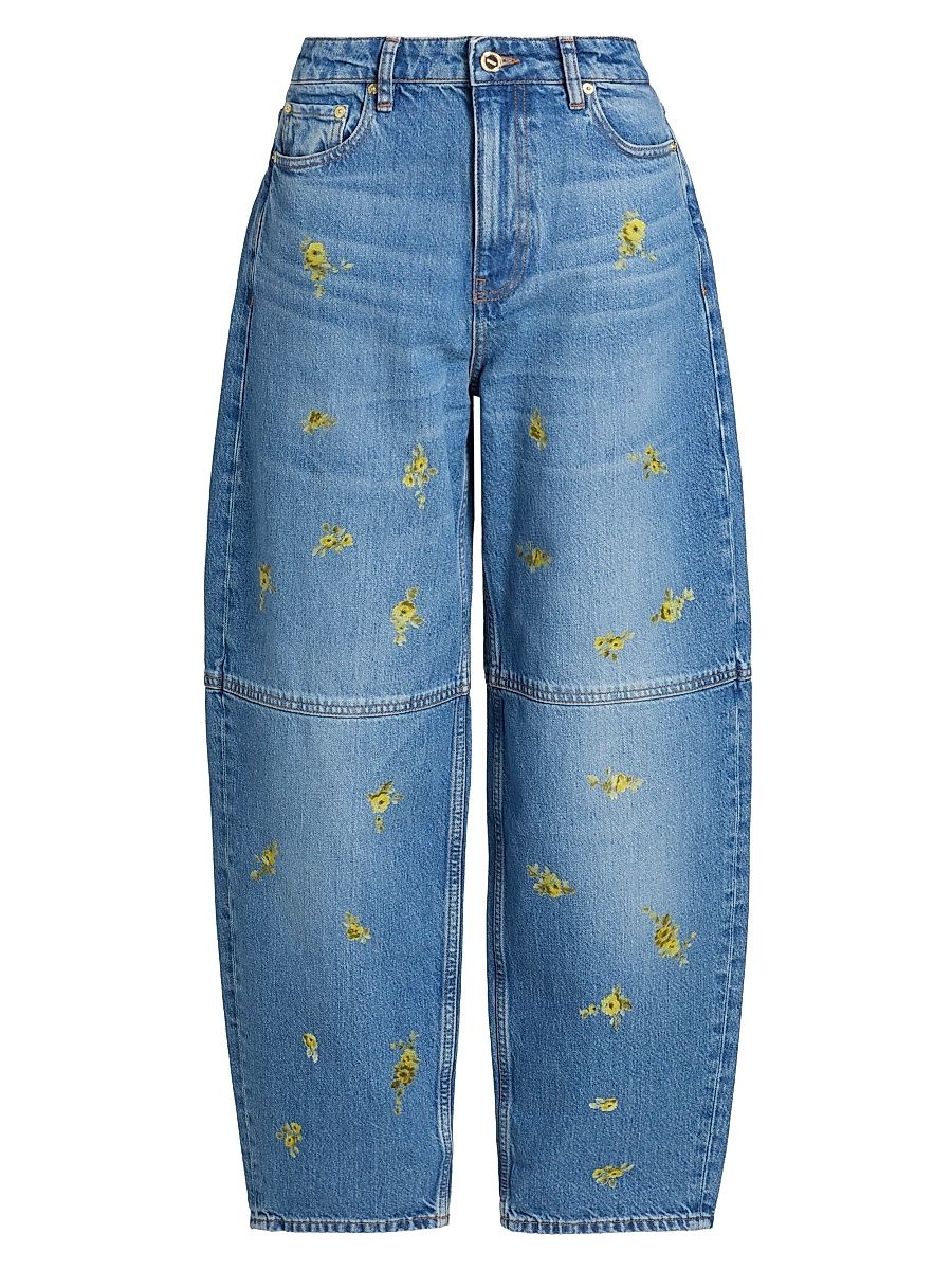 Women's Printed Flower Stary Barrel-Leg Jeans - Light Blue Vintage - Size 32