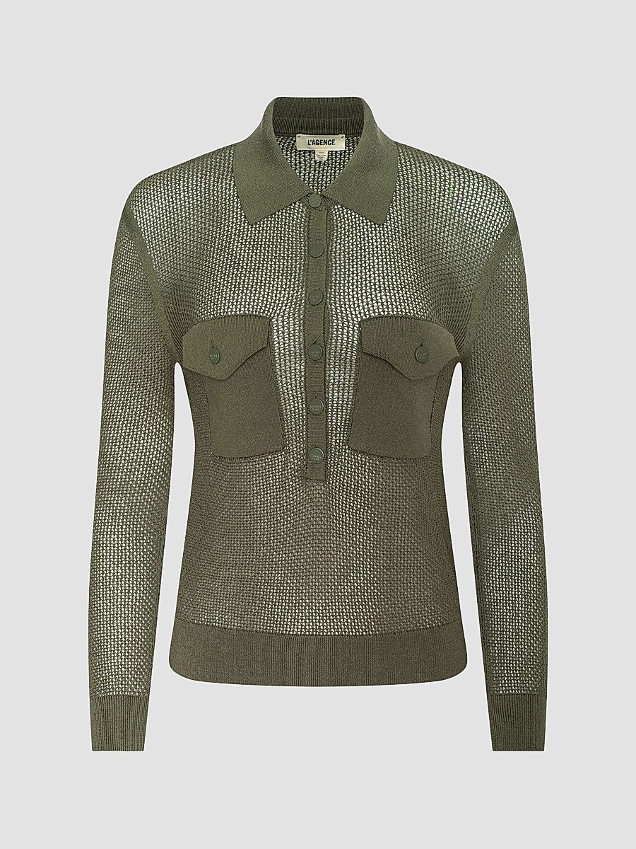Women's Carine Pointelle Spread Collar Sweater - Smokey Olive - Size XL