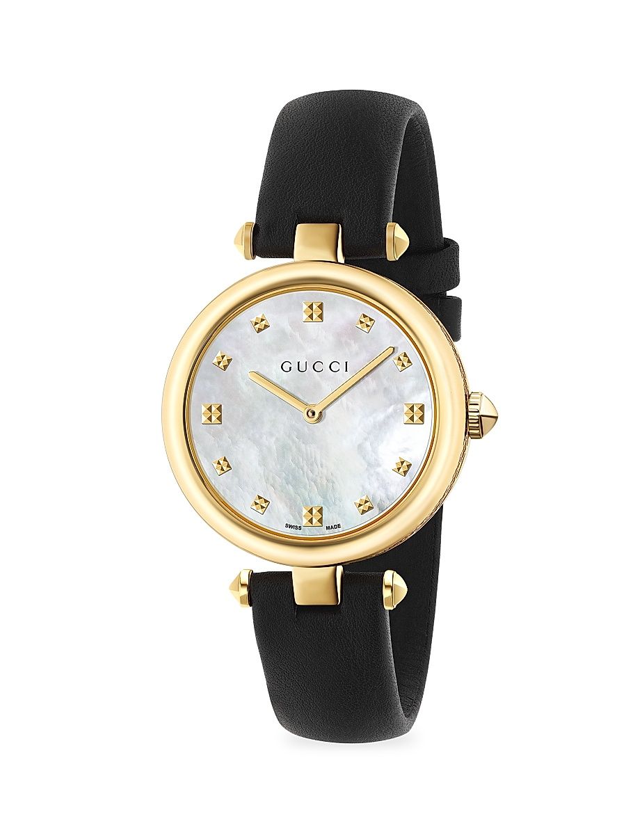 Women's Diamantissima Yellow Gold PVD & Leather Strap Watch - Black