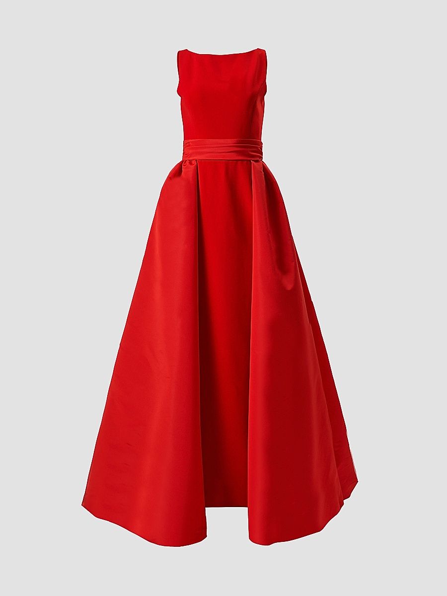 Women's Boatneck Silk Overskirt Column Gown - Red - Size 10