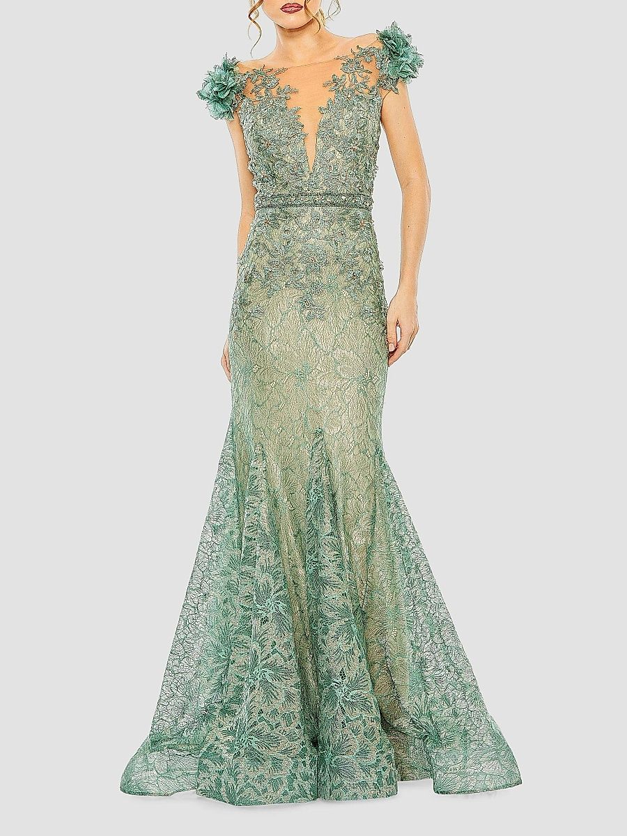Mac Duggal Women's Beaded Lace Gown - Sage - Size 18