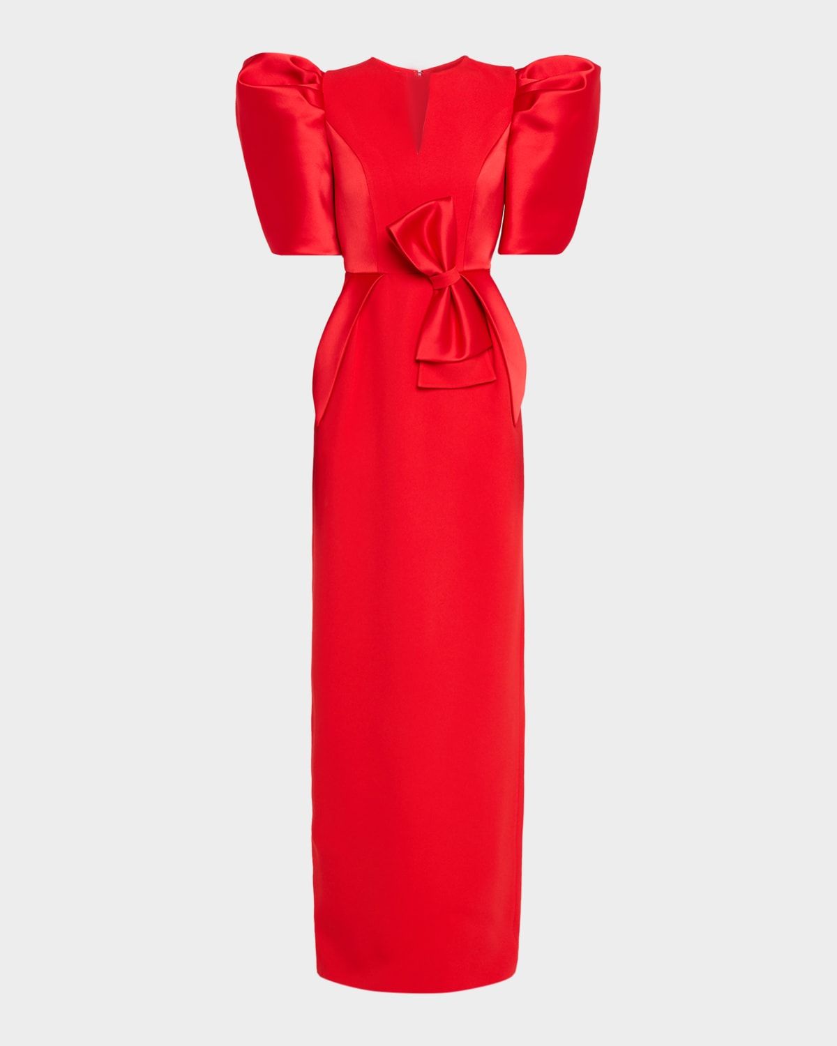 Puff-Sleeve Satin Bow Column Gown