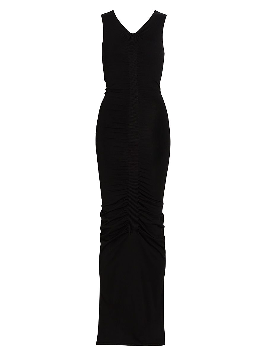 Women's Ruched V-Neck Maxi Dress - Black - Size Medium