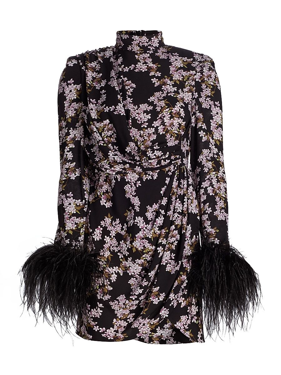 Women's Nadine Floral Feather-Cuff Minidress - Black Multi - Size XL