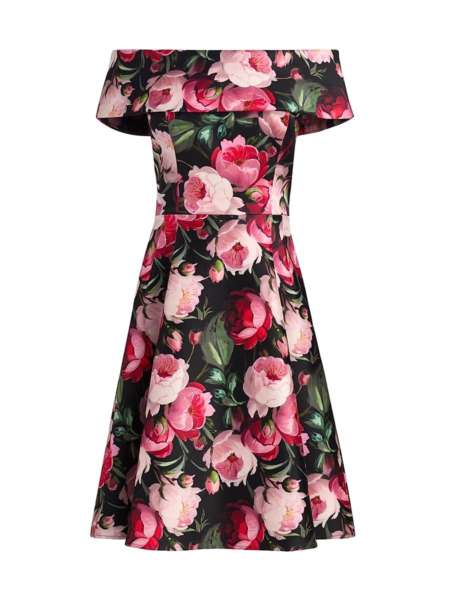 Women's Peony Mikado Off-The-Shoulder Cocktail Dress - Black Multi - Size 18
