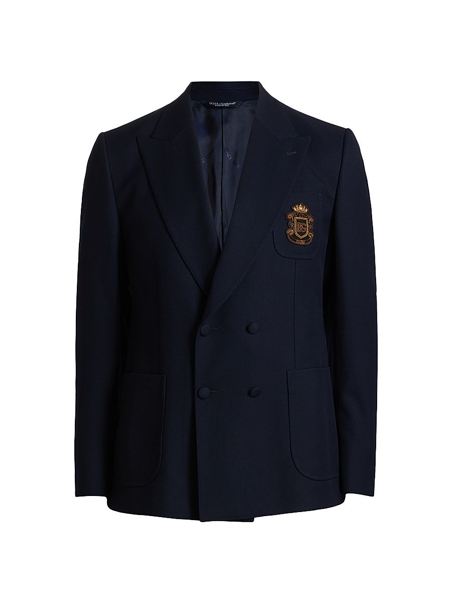 Men's Collegiate Logo Wool Double-Breasted Blazer - Blu Scurissimo - Size 42