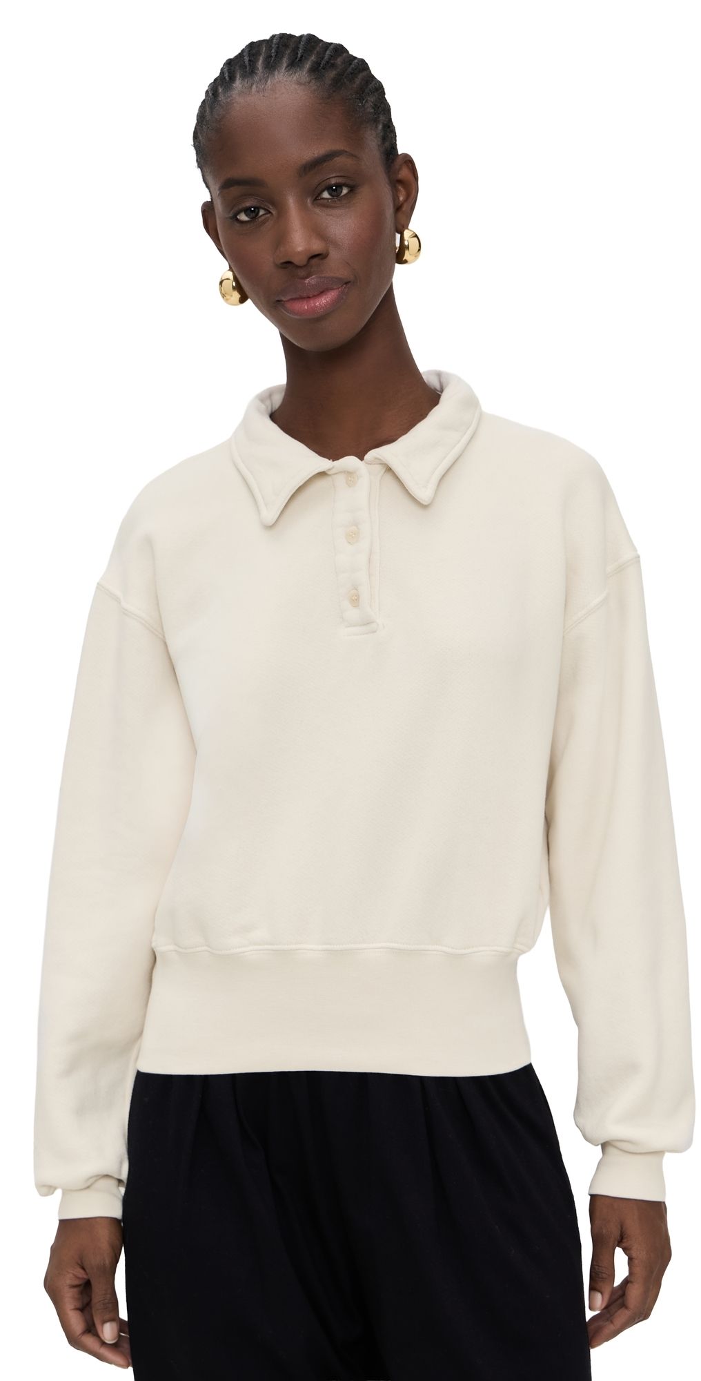 Les Tien Lucille Banded Henley Sweatshirt Ivory L