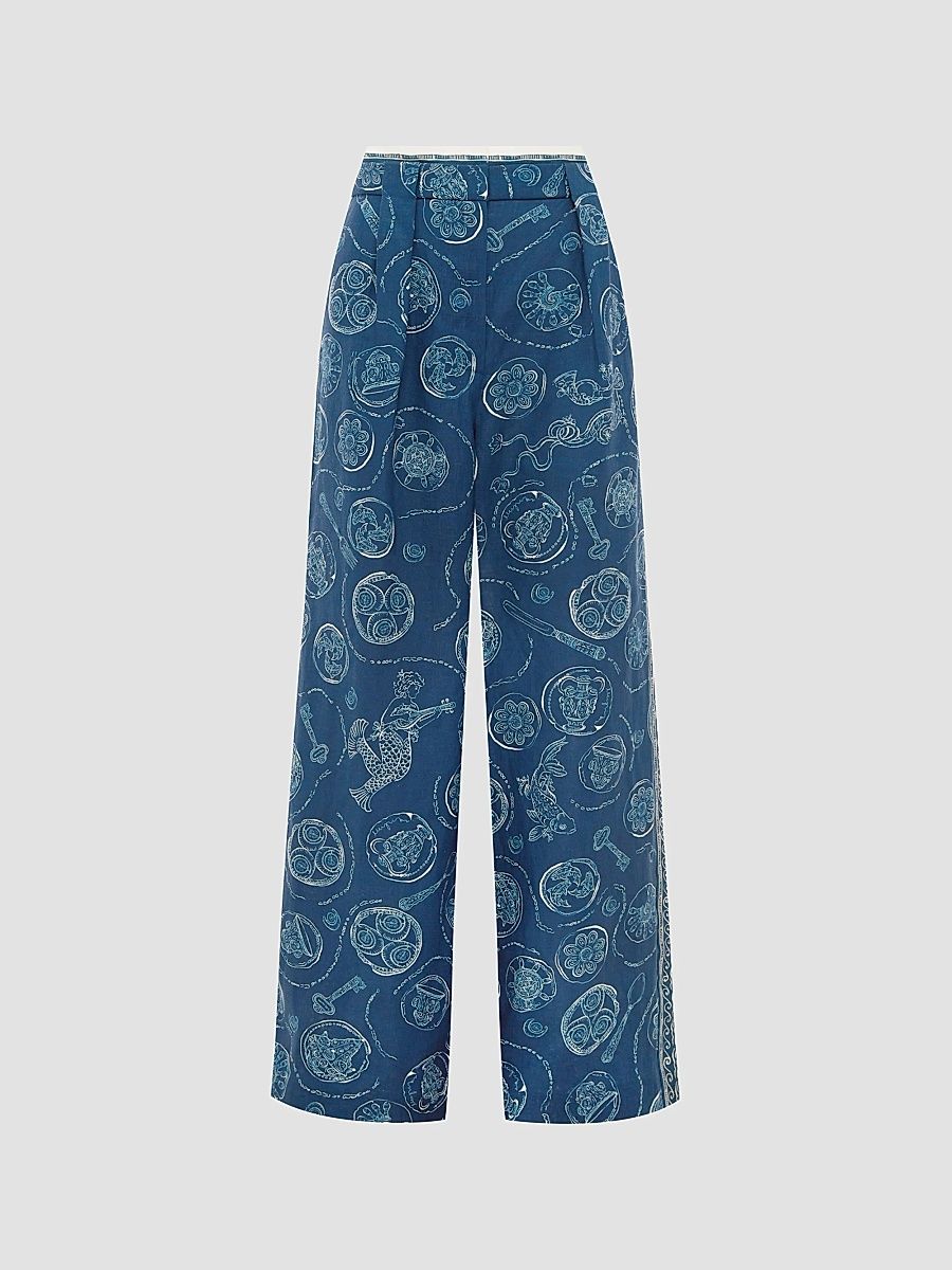 Women's Lucky Floral Pleated Trousers - Blue - Size 10