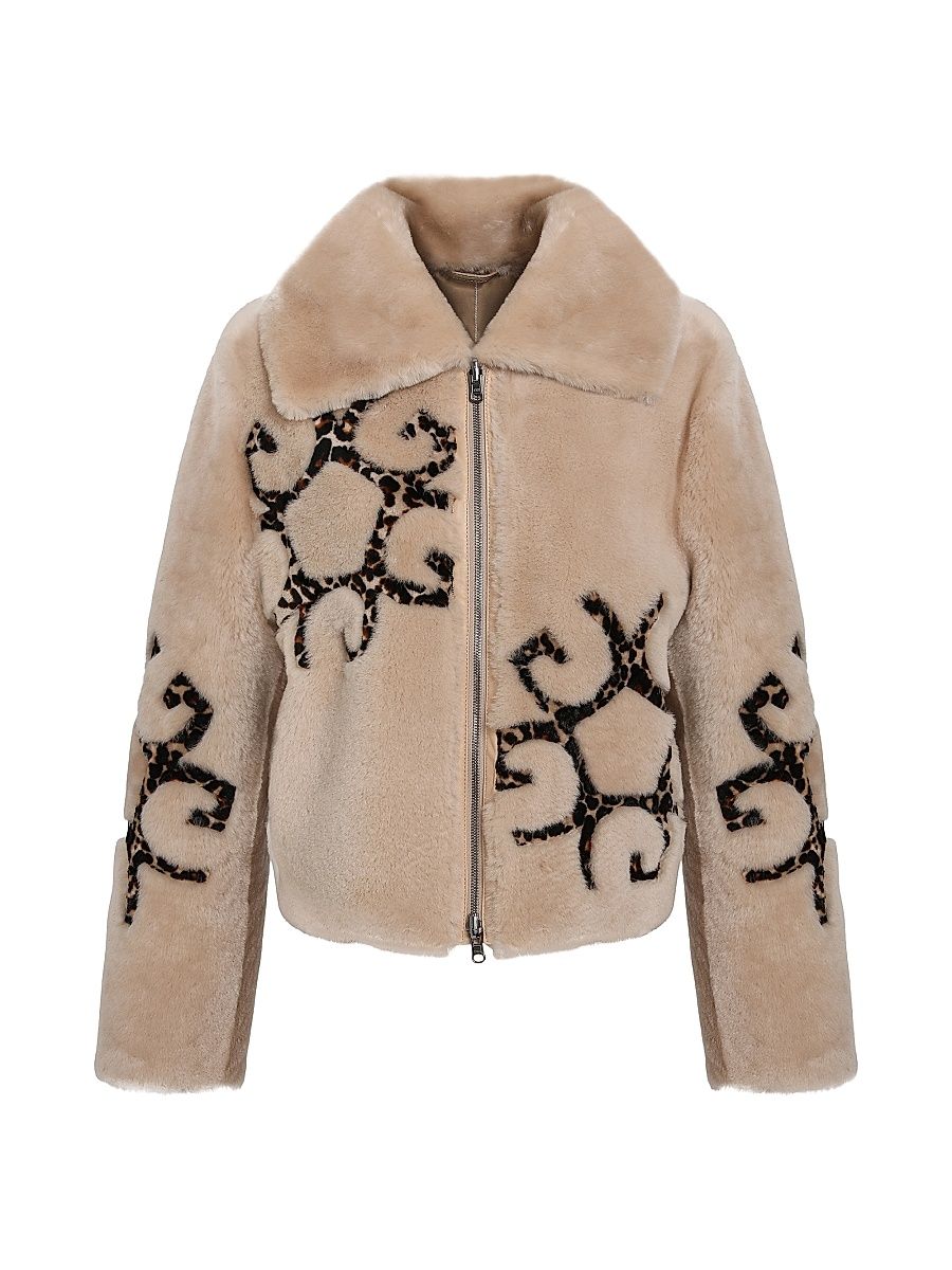 Women's Reversible Shearling Lamb Jacket with Insignia Intarsia - Palomino - Size Medium