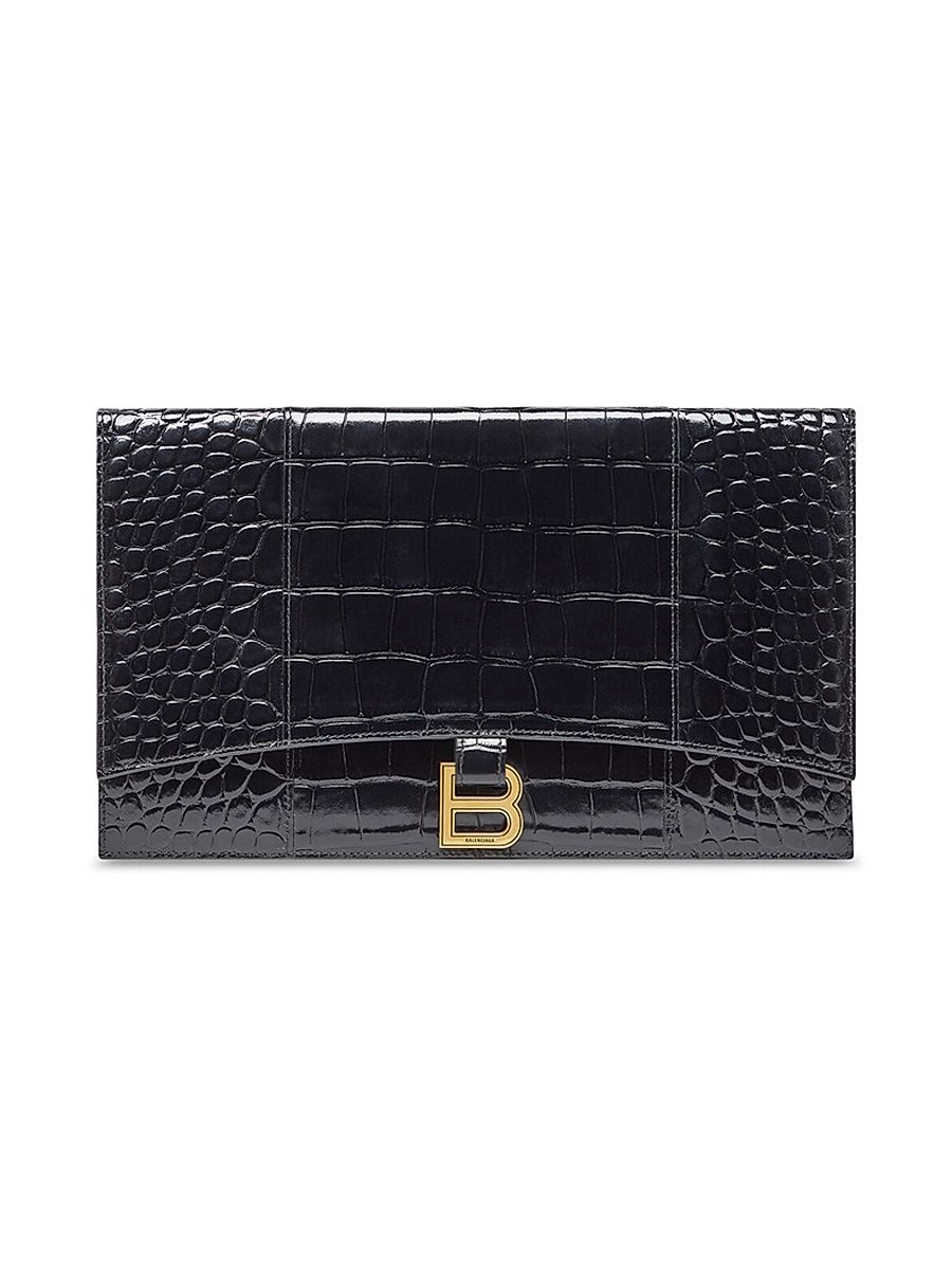 Women's Hourglass Flat Pouch with Flap Crocodile Embossed - Black