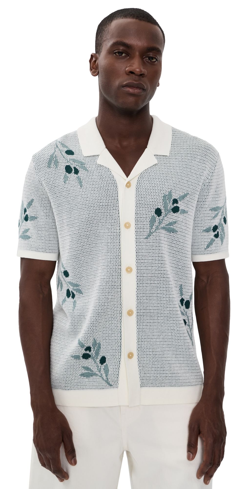 Marine Layer Asher Sweater Resort Shirt White Olive Motif M