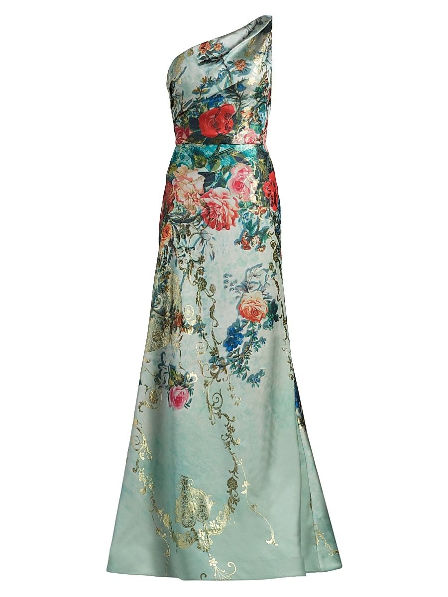 Women's Floral Jacquard One-Shoulder Gown - Aqua Floral Multi - Size 18