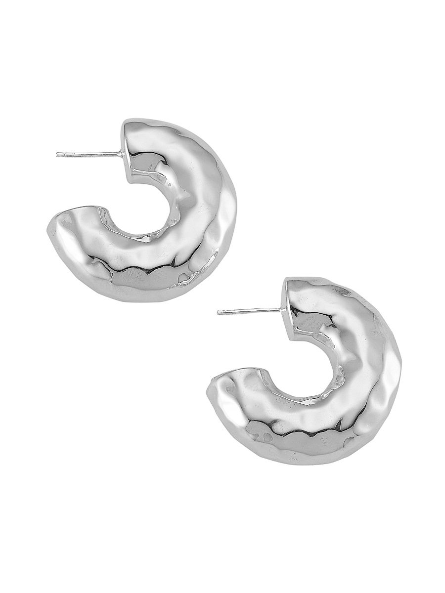 Women's 925 Classico Thick Hammered Round Hoop Earring - Silver
